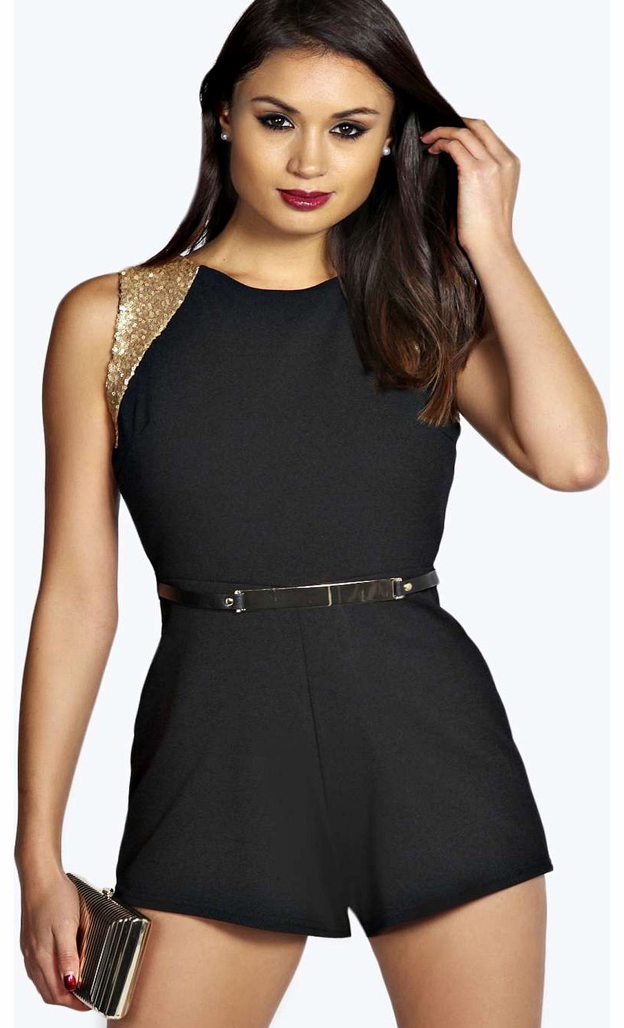 Nicky Sequin Trim Metal Belt Playsuit - black