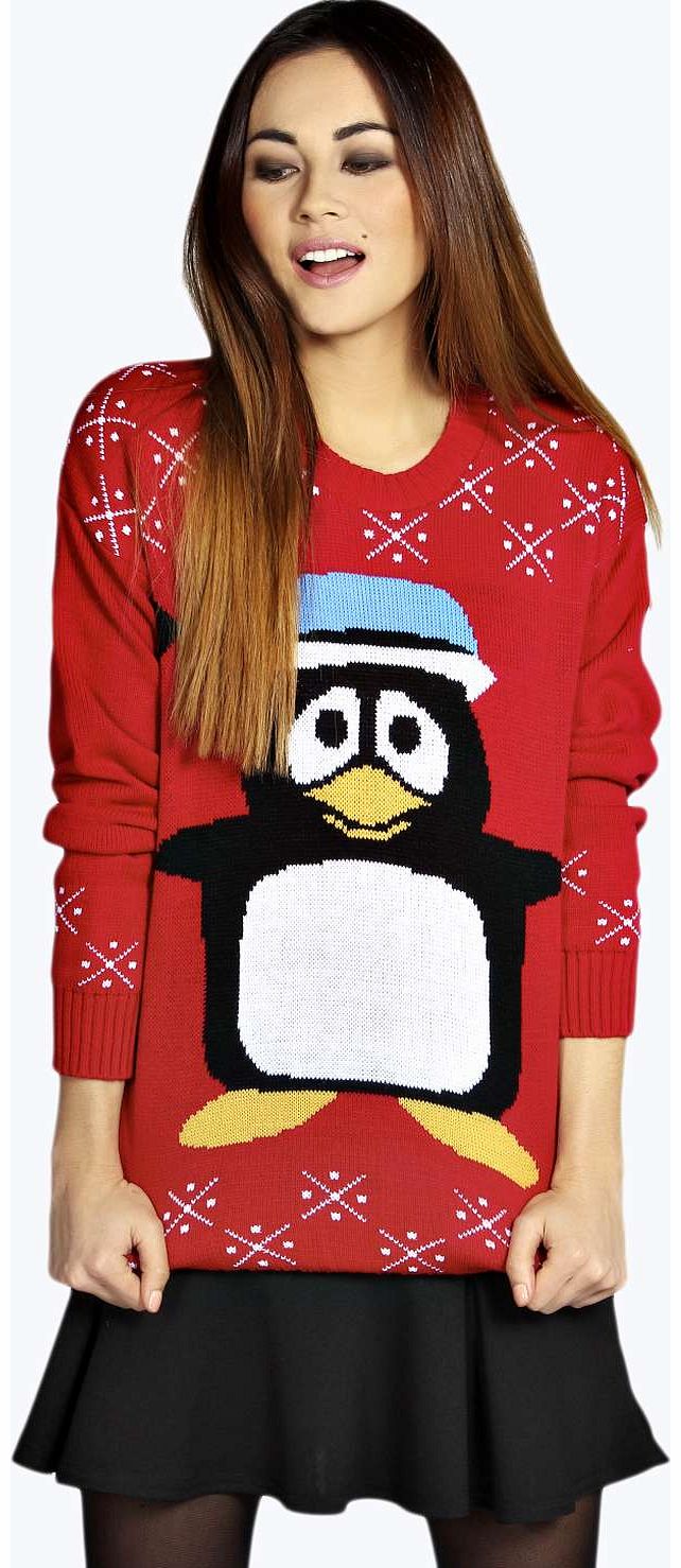 boohoo Nikki Penguin Christmas Jumper - red azz14019