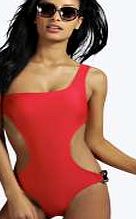 boohoo One Shoulder Cut Out Chain Detail Swimsuit - red