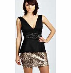 Penelope Embellished Peplum Deep Plunge Neck Top