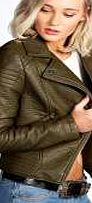 Quilted Shoulder Rib Faux Leather Jacket - khaki