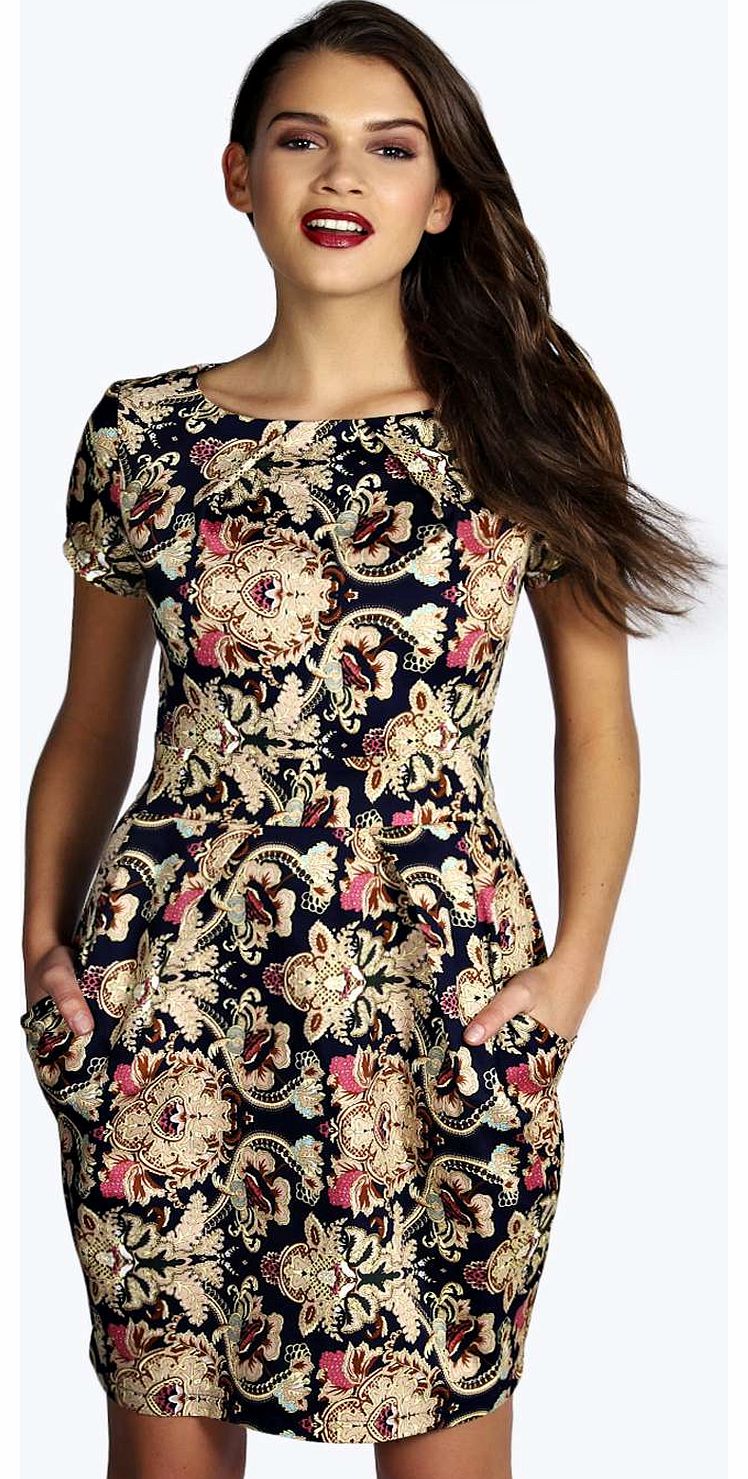 Rayah Paisley Print Pleat Detail Dress - navy