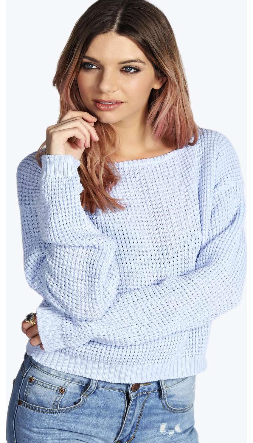 Ria Crop Slash Neck Waffle Knit Jumper - blue