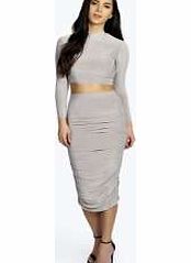 boohoo Rouched Sleeve Midi Skirt Co-Ord Set - grey