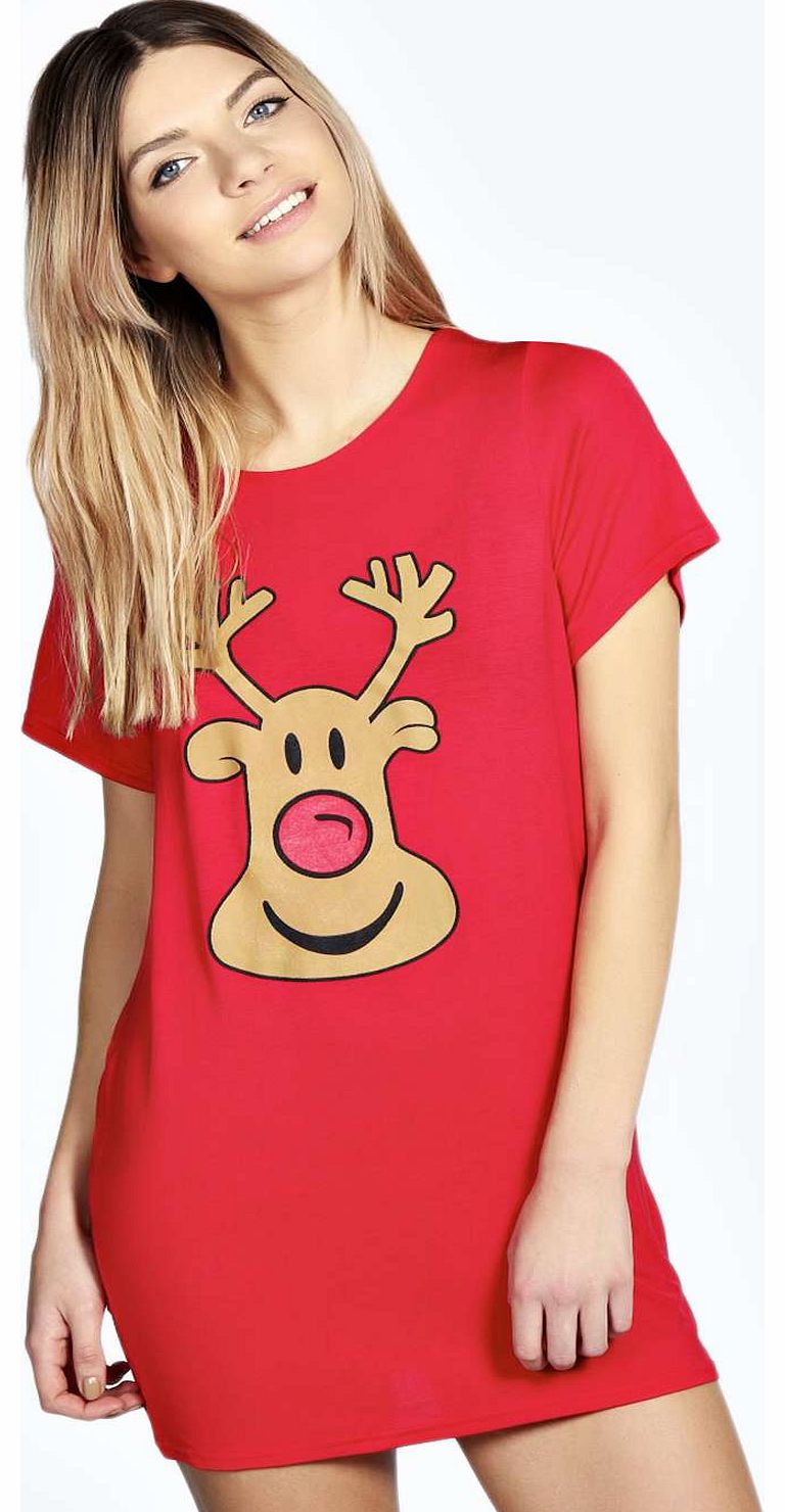 Ruby Reindeer Oversized T-shirt Nightdress - red