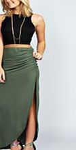 boohoo Ruched Side Jersey Maxi Skirt - khaki azz50583