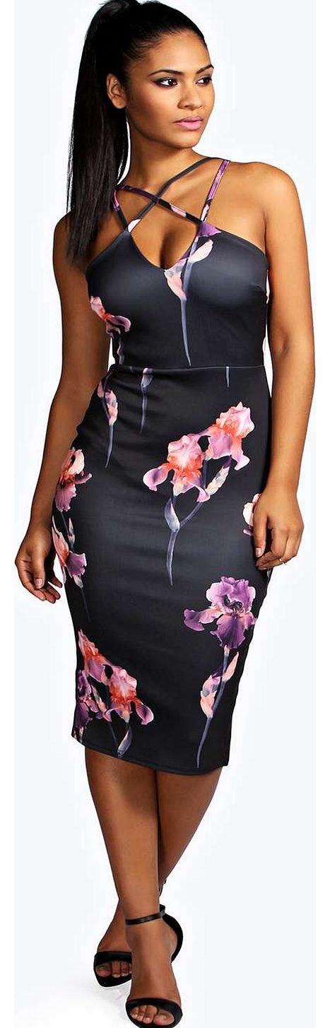 Sarah Floral Strappy Midi Dress - black azz18245