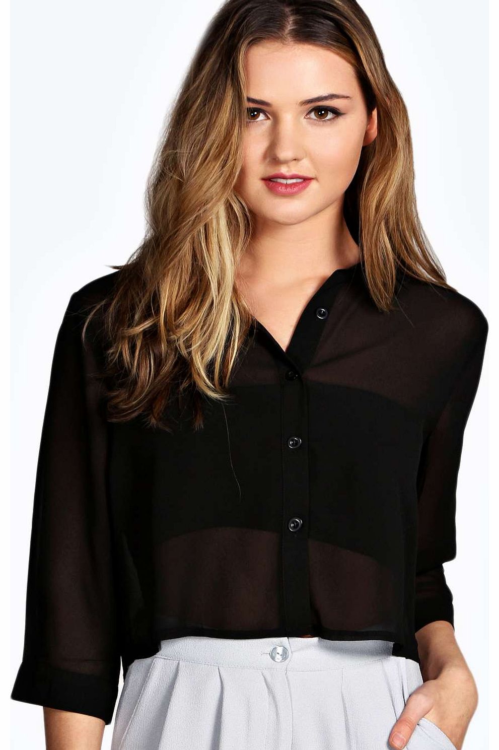 Sienna Pleat Back Chiffon Crop Shirt - black