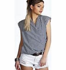 boohoo Striped Sleeveless Wrap Front Blouse - navy