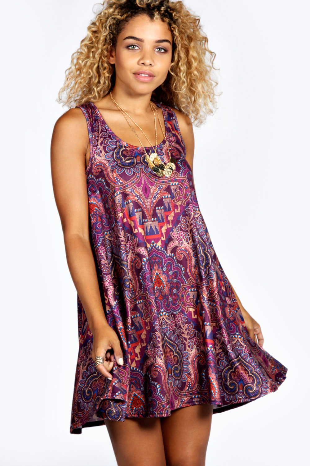 boohoo Summer Aztec Print Swing Dress - purple