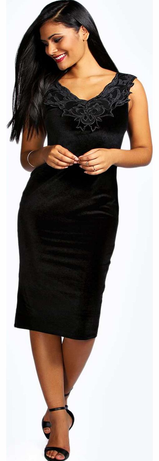 Tanya Applique Detail Velvet Midi Dress - black