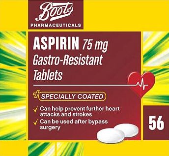 Boots Pharmaceuticals, 2041[^]10086419 Boots Aspirin 75 mg Gastro-Resistant - 56