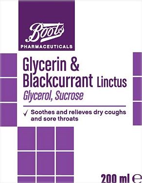 Boots Pharmaceuticals, 2041[^]10006468 Boots Glycerin and Blackcurrant Linctus - 200ml