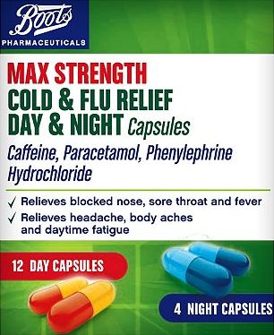 Boots Pharmaceuticals, 2041[^]10081085 Boots Max Strength Cold and Flu Day and Night