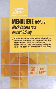 Boots Pharmaceuticals, 2041[^]10086726 Boots Menolieve Black Cohosh root extract 6.5mg