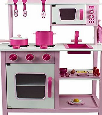 Bopster Childrens Pink Wooden Toy Kitchen with 20 Piece Accessories Set
