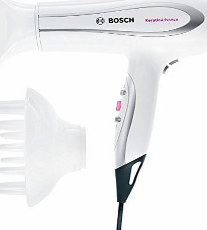 Bosch 2200W KeratinAdvance DC Hair Dryer with 2 speed and 3 temperature settings.