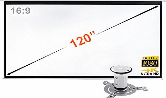 BPS 120`` Electric Motorised Projector Screen 16:9 Home Cinema 3D HD Matt White with Free Universal LCD/DLP Projector Ceiling Mount By BPS