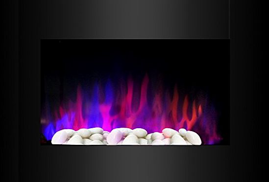 BPS 7 Colour LED Changing Electric Fireplace Wall Mounted Flame amp; Heat Adjustable Ultra Slim Electric Fire Heater (NEW White Pebbles Effect) with Black Curved Tempered Glass Screen  Remote Control 900