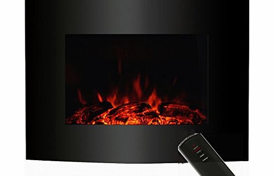 BPS LED Electric Fireplace Wall Mounted Flame amp; Heat Adjustable Ultra Slim Electric Fire Heater (NEW Real Log Effect) with Black Curved Tempered Glass Screen  Remote Control 900W/1800W