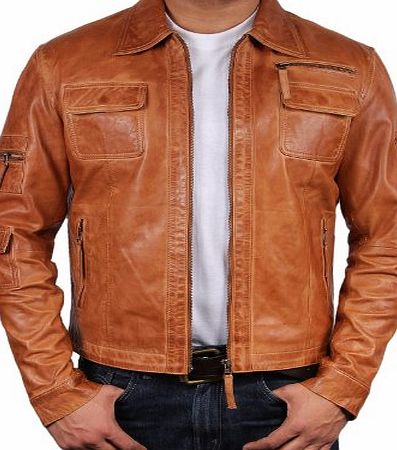Brandslock UK Vintage Mens Leather Biker Jacket Tan Real Leather Motor Biker Jacket Slim Fit Coat Outwear Small-5XL (Large)