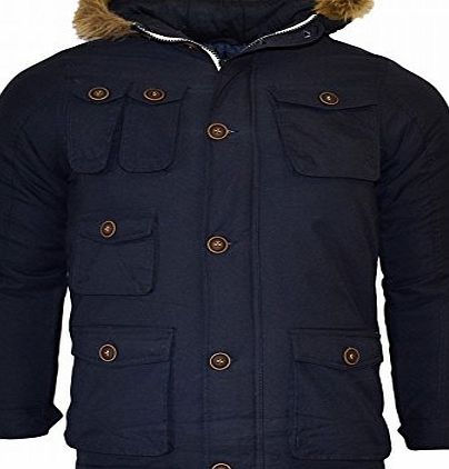 Brave Soul Childrens Boys Padded Winter Coat School Fur Parka Jacket Pockets 7/8 Years Blue Navy- Cobra Parker Lined Hood Warm Padded