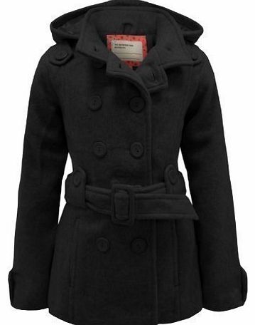 Brave Soul ENVY BOUTIQUE GIRLS KIDS BELTED HOODED DOUBLE BREASTED FLEECE COAT BLACK YEARS 13
