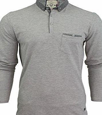 Brave Soul Mens Herad Designer Long Sleeve Polo Top - Light Grey Marl -Large