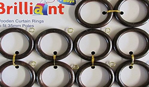 BrilliantBuys 10 Pack of Large Wooden Curtain Rings for 35mm Poles - Antique Walnut