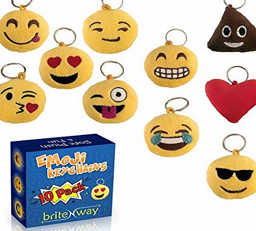briteNway Emoji Keychain Round Faces Set of 10 - Cute Sweet Soft amp; Plush Yellow Pillow Keychains - Durable Metal Hook Ring - Funny Children Party Favors - Easy Installation On Backpacks, Purses, Phones amp