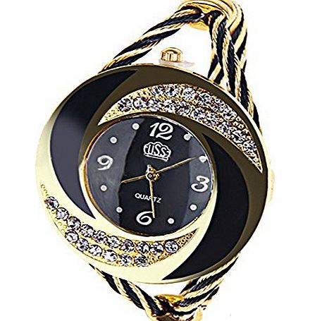 Broadfashion Elegant Round Dial Crystal Decoration Bangle Cuff Bracelet Watch for Women Ladies (Black)