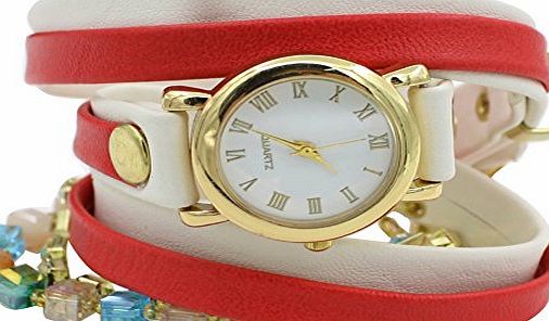 Fashion Womens Mixed Colour Leather Weave Wrap Bracelet Quartz Wrist Watch Christmas Gifts (Pink)