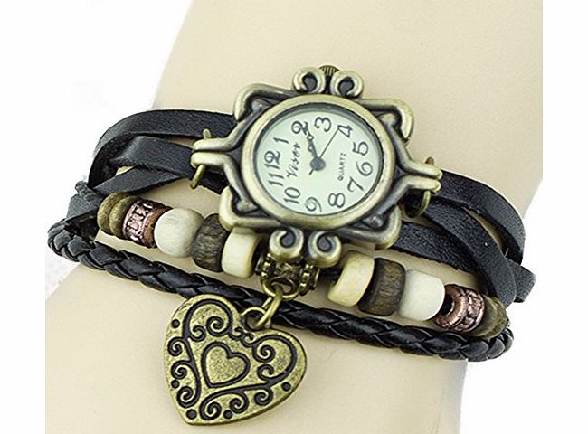 Broadfashion Fashion Womens Retro Vintage Weave Wrap Leather Bracelet Heart Decoration Quartz Wrist Watch (Brown)