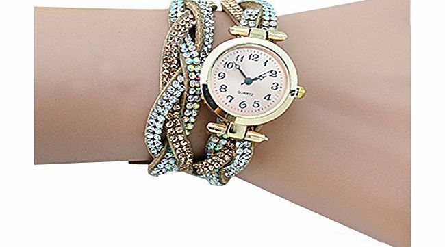 Shiny Crystal Knitted Bracelet Quartz Analog Watch Watches for Women Lady (Khaki)