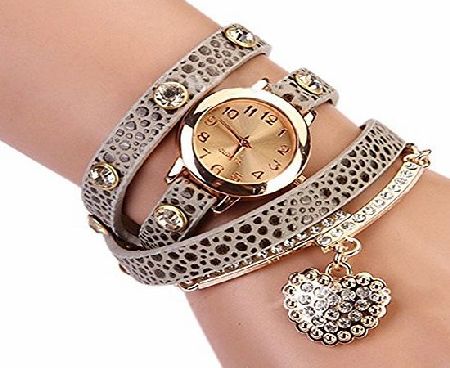 Broadfashion Womens Fashion Rhinstone Faux Leather Wrap Bracelet Quartz Watch with Heart Pendant (Grey)