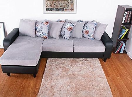 BTM Brand New Right or Left Corner Group Sofa Suit Black and Charcoal Leather Fabric Sofa Cushion Settee With a Large Footstool