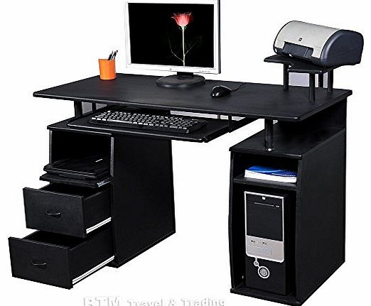 (BTM) LARGE Computer Desk with 2 Drawers and 4 Shelves for Home Office Study Workstation Furniture PC Desktop Office Chair Table FILING CABINET BLACK LARGE NEW