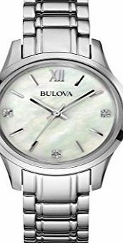 Bulova Diamond Womens Quartz Watch with Mother of Pearl Dial Analogue Display and Silver Stainless Steel Bracelet 96P152