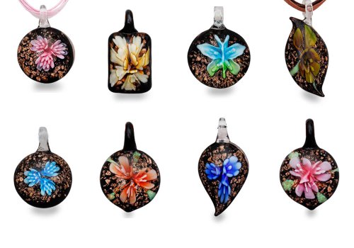 Bundle Monster Colorful Assorted Glass Murano Floral Pendant Necklace 8pc Set, 18`` Cord
