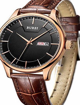 BUREI Mens Day and Date Calendar Display Big Face Precise Quartz Wrist Watches with Brown Leather Strap