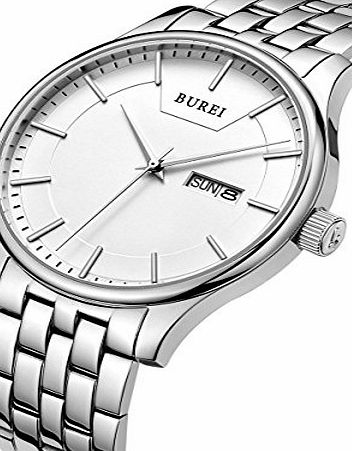 BUREI Mens Quartz Wrist Watches with Day and Date Calendar Stainless Steel Bracelet