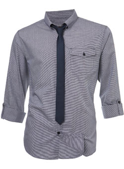 Navy Minicheck Fitted Shirt and Tie
