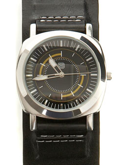 Wide Black Cuff Watch With Yellow Face Detail