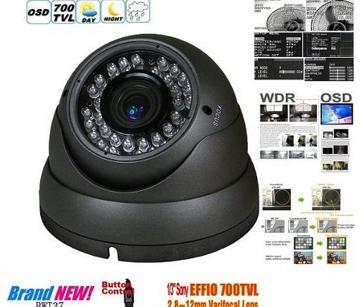 T37 CCTV Camera SONY EFFIO-E 700TVL Day and Night 2.8-12mm Vari-Focal Korea Grey Dome Camera Outdoor or Indoor Use (BW Presented Accessories include: Special screwdriver and OSD manual) (Brand:
