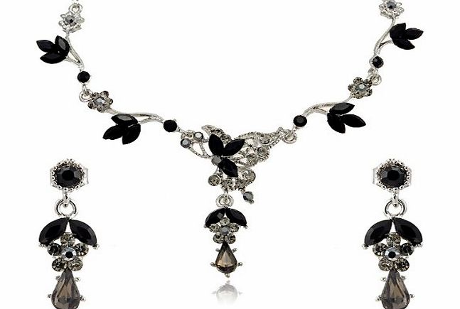 bycrystaljin Black Diamond Crystal Teardrop Floral Necklace and Earrings Jewellery Set [Bridal Jewellery]