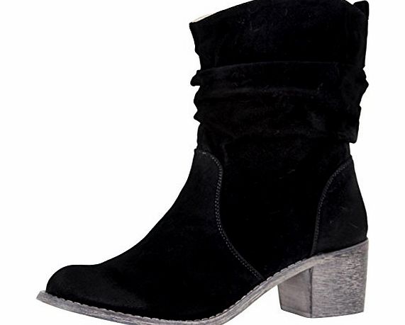 ByPublicDemand A6P Womens Block Mid Low Heel Cowboy Slouch Ankle Boots Black Faux Suede Size 4 UK