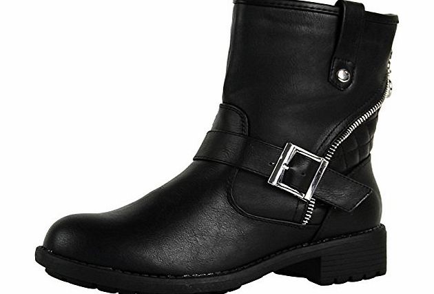 ByPublicDemand A7H New Womens Flat Biker Ankle Boots Black Faux Leather Size 4 UK