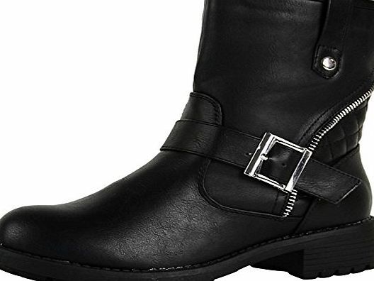 ByPublicDemand A7H New Womens Flat Biker Ankle Boots Black Faux Leather Size 7 UK