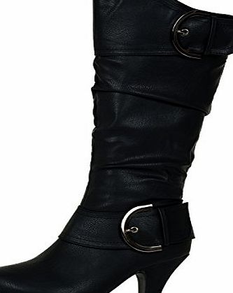 ByPublicDemand Bambi Womens Low Mid Heel Biker Slouch Under Knee Boots Black Faux Leather Size 4 UK