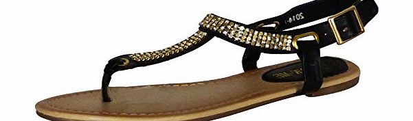 H4I Womens Toe Post T Bar Holiday Summer Beach Sandals Black / Gold Size 3 UK